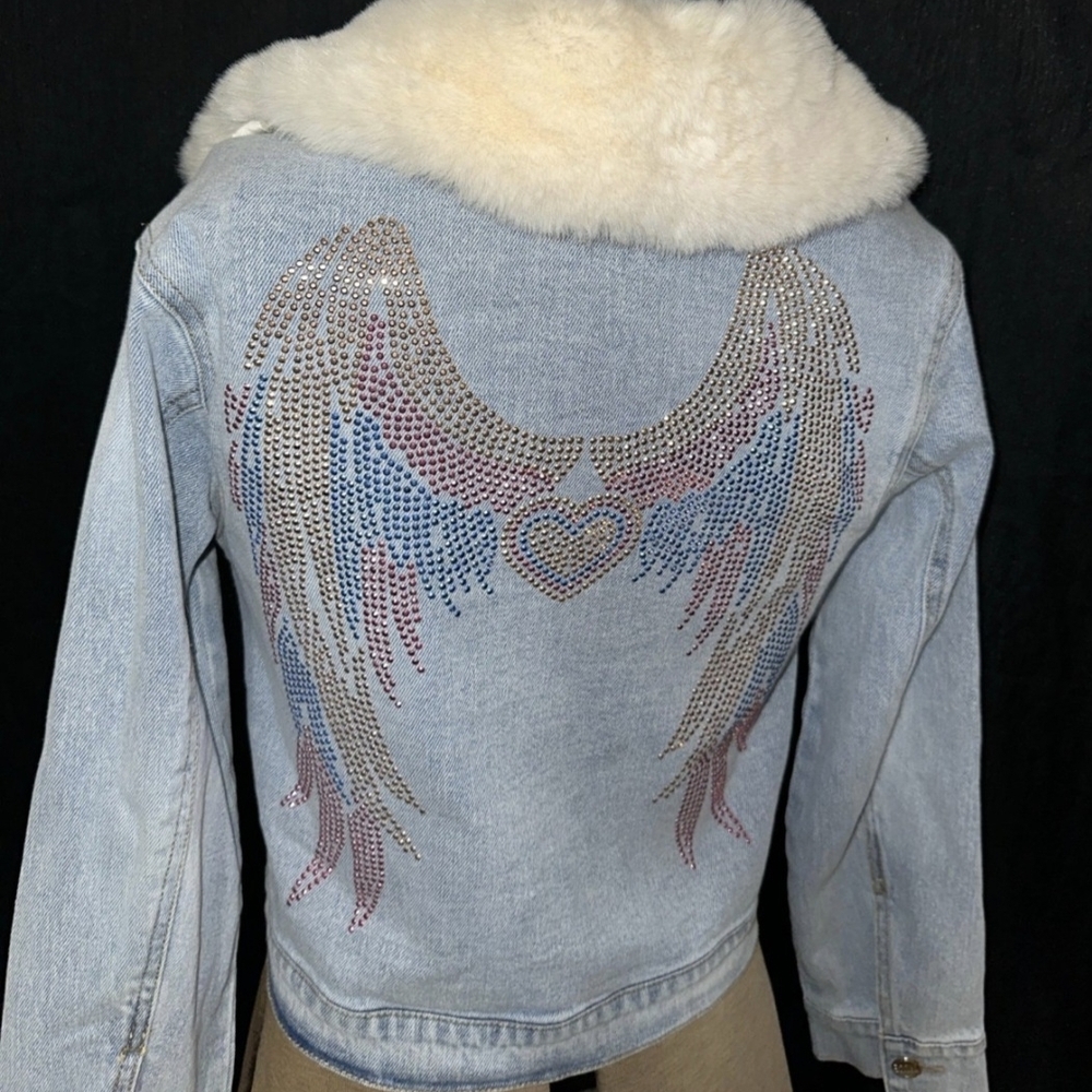 Girls' Light Blue Denim Jacket with Faux Fur Collar and Rhinestone Wing Design